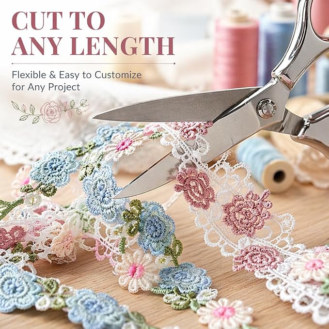 4 Yards Floral Lace Trim Ribbon, Colorful Embroidery Flower Sewing Fabric | - Image 3