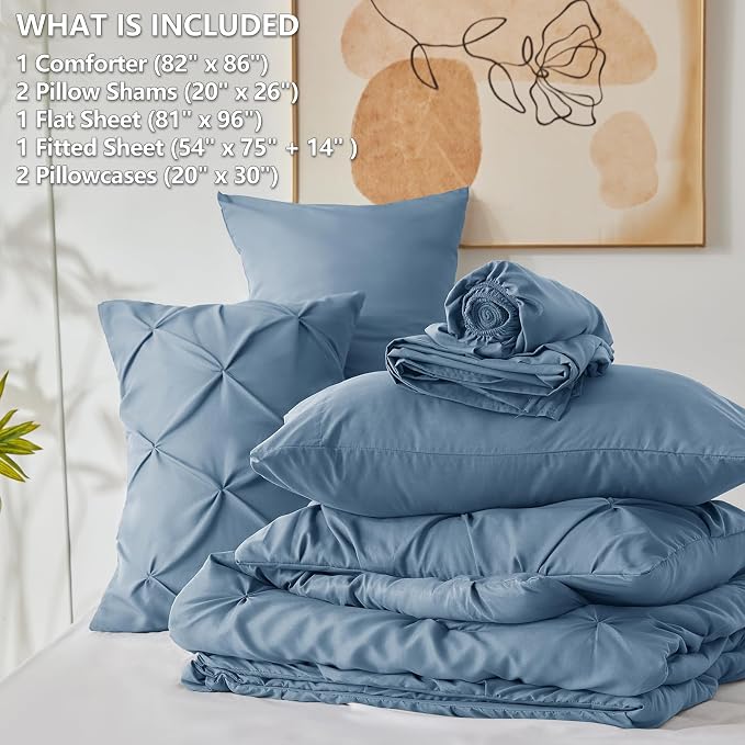 CozyLux Full Size Comforter Sets Grayish Blue, 7 Pieces Pintuck Bed in A Bag - Image 6