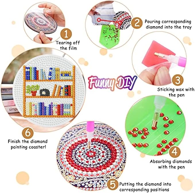 8 Pack Diamond Art Coasters, Bookshelf Diamond Painting Coasters Kits | Books - Image 3