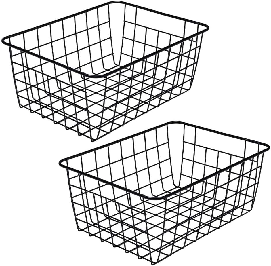 LeleCAT Wire Baskets with Handles Wire Storage Organizer Bin Baskets, Pantry, Closets, Bedrooms - Set of 2（Black）
