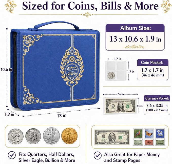 ANKHOH Zippered Coin Collection Book, 200 Pockets and 30 Bill Sleeves | PU - Image 5