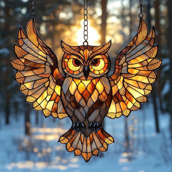 Owl Faux Tiffany Acrylic Suncatcher Stained Glass Effect Window Car Hanging by AVAGAN