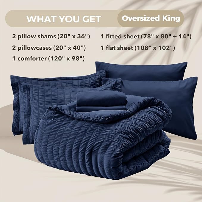 HYMOKEGE Navy Blue Oversized King Comforter Set Seersucker 7 Pieces, All Season - Image 5