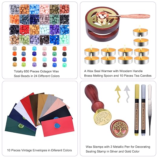 Aottom Wax Seal Stamp Kit with Gift Box, 24 Colors 650 Pcs Beads, Metallic Pen - Image 2