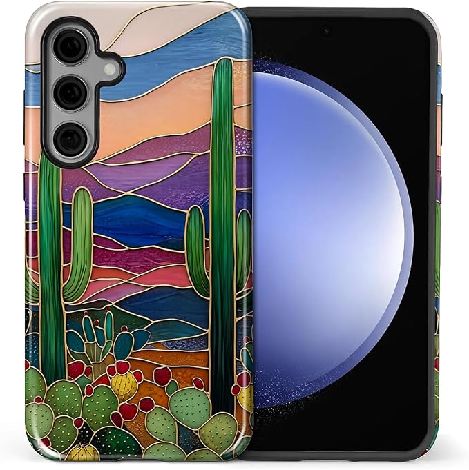 for Samsung Galaxy S25 FE Case, Stained Glass Cactus Pattern Glossy 2 in 1 by Teonvpu