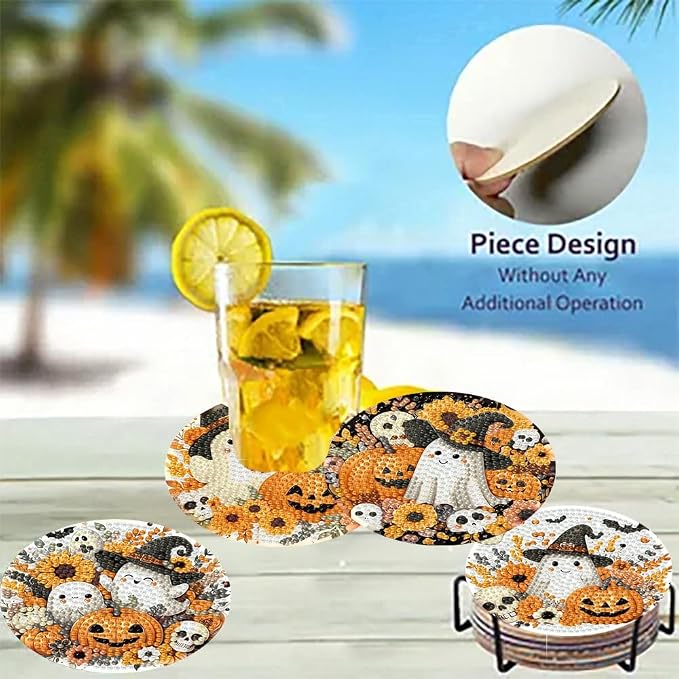 8 Pack Halloween Diamond Art Coasters, Ghost Diamond Painting Coasters Kits | - Image 4