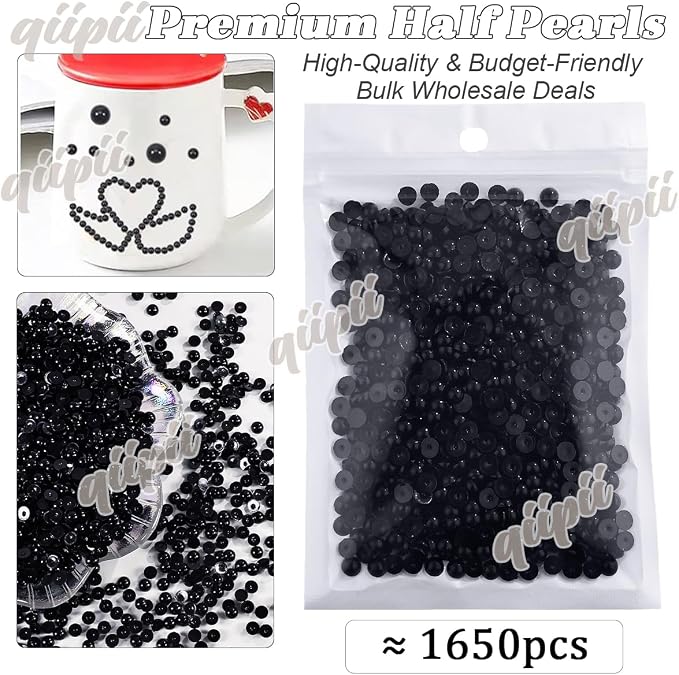 qiipii 1650PCS 5mm Pure Black Round Half Round Pearls - Image 2