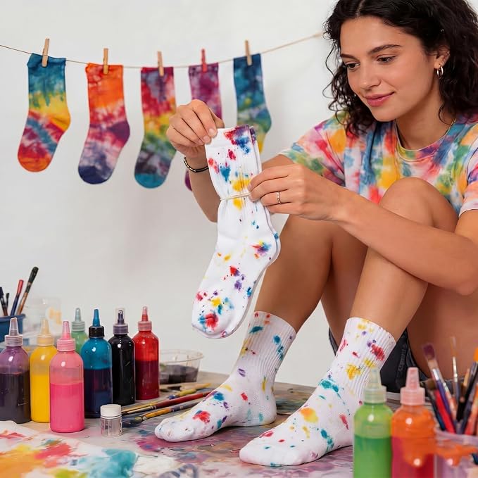 Chicingyou White Cotton Socks for Tie Dye Painting Graffiti White Crew Ankle - Image 3