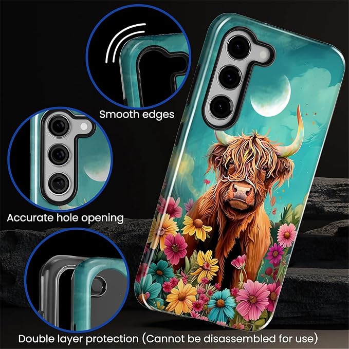 for Samsung Galaxy S23 Plus Case, Highland Cow Flower Pattern Glossy 2 in 1 - Image 5
