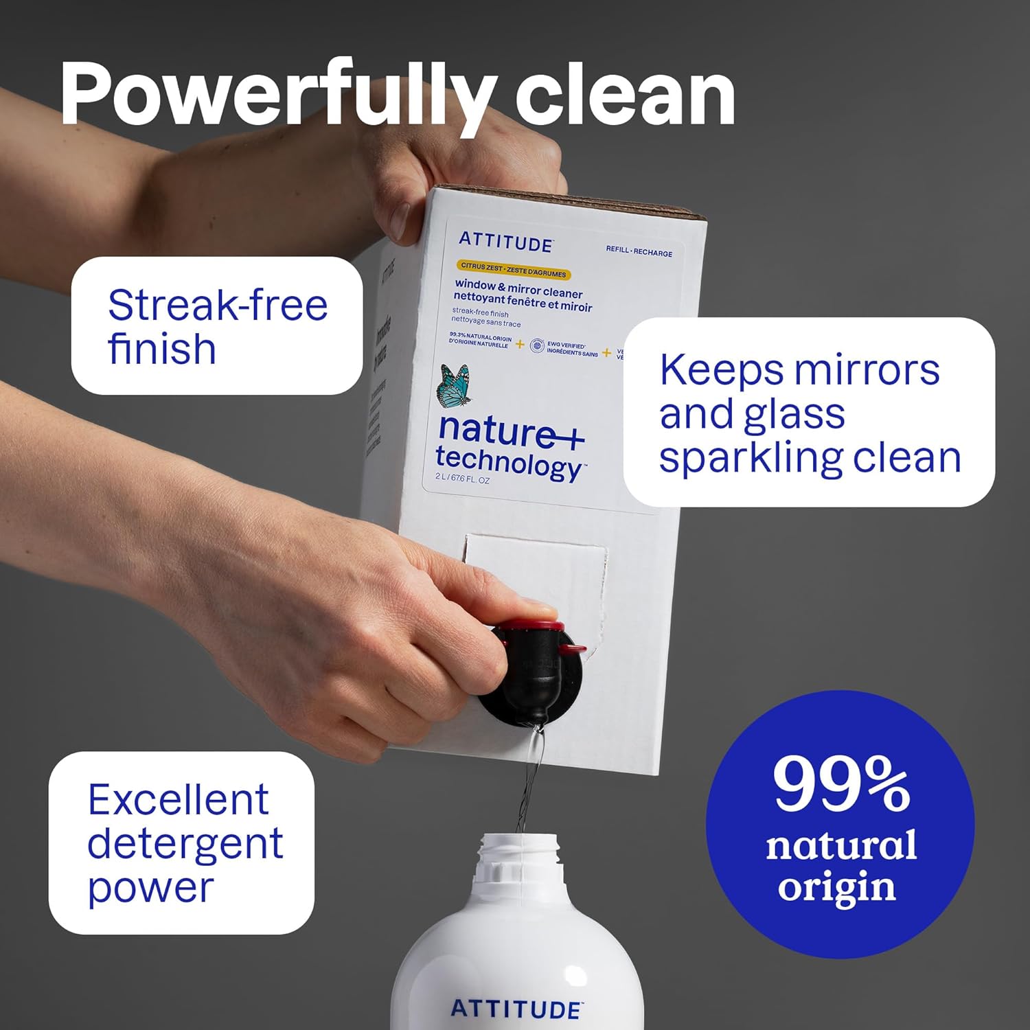 ATTITUDE Window & Mirror Cleaner Refill, EWG Verified, Plant- & Mineral-Based, Vegan & Streak-Free Glass Spray, Citrus Zest Scent, 67.6 Fl Oz