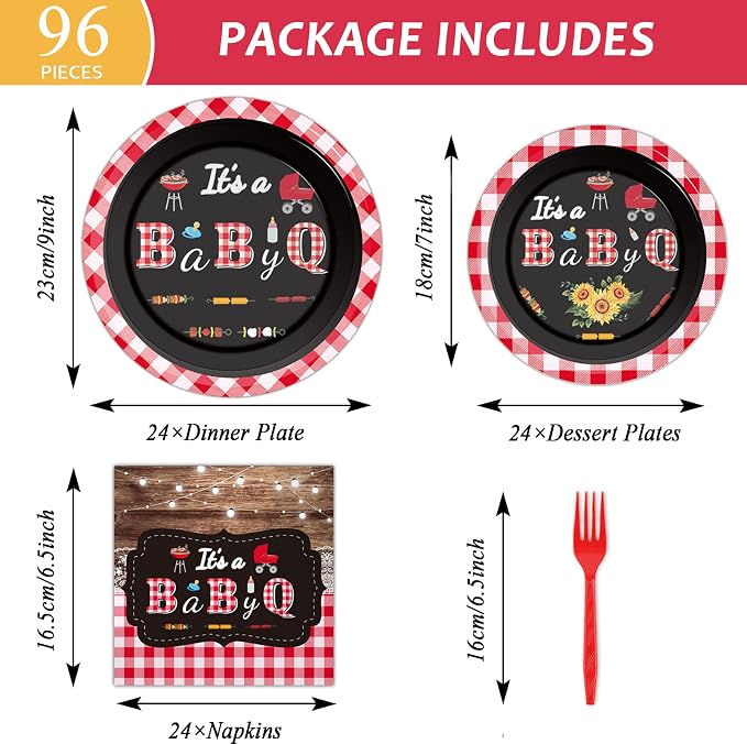 Tevxj 96 PCS BBQ Baby Shower Plates Napkins BabyQ Party Tableware It’s A Baby Q - Image 2