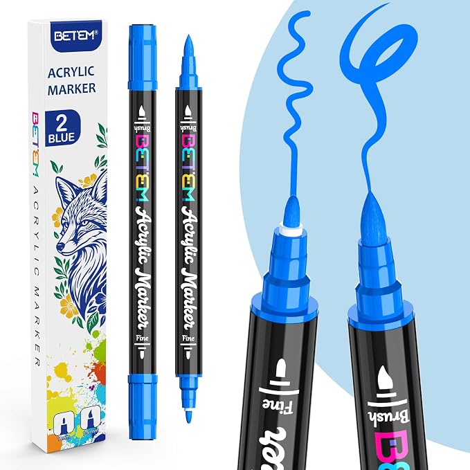 Betem Dual Tip Acrylic Paint Pens, 2 Blue Paint Markers by BetemArtWorld
