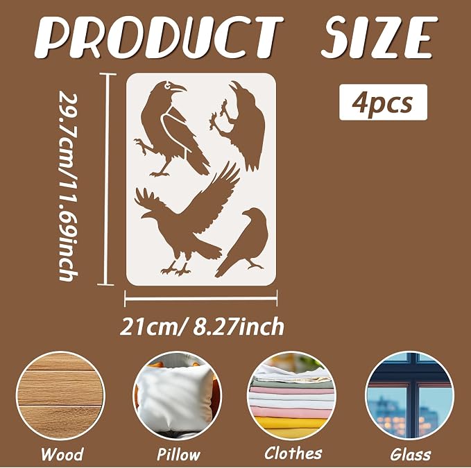 4pcs Bird Stencil for Painting Crow Stencils for Crafts Reusable Street Art - Image 2