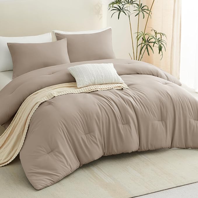 CozyLux Full Size Comforter Set Khaki, 3 Pieces Solid Breathable Quilted - Image 8