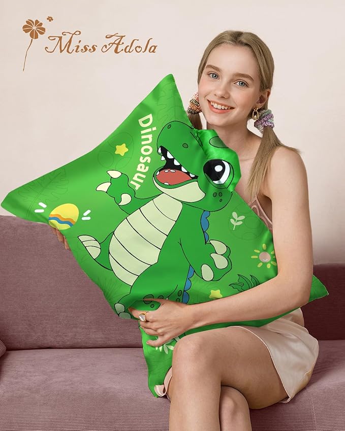 Kids Pillowcases Standard Size 20"x26" - Cute Cartoon Soft Breathable Silk Pillow Cases for Hair and Skin with Hidden Zipper for Fun Kawaii Design for Bedding, Green Dnosaur