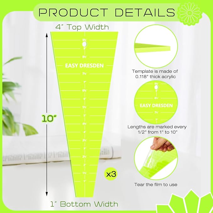 Kigley 3 Pcs Acrylic Trapezium Quilting Template Ruler 10 Inch Dresden Plate - Image 2
