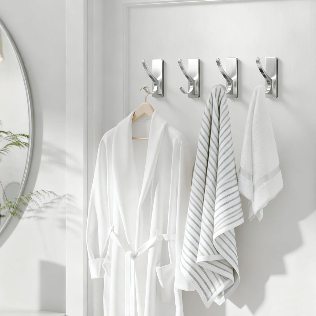 Self Adhesive Coat Hooks for Hanging: Heavy Duty Stainless Wall Hook for Towel, Backpack, Hat, Sturdy Metal Hanger for Bathroom, Bedroom, Door, Brushed Nickel, 6-Pack