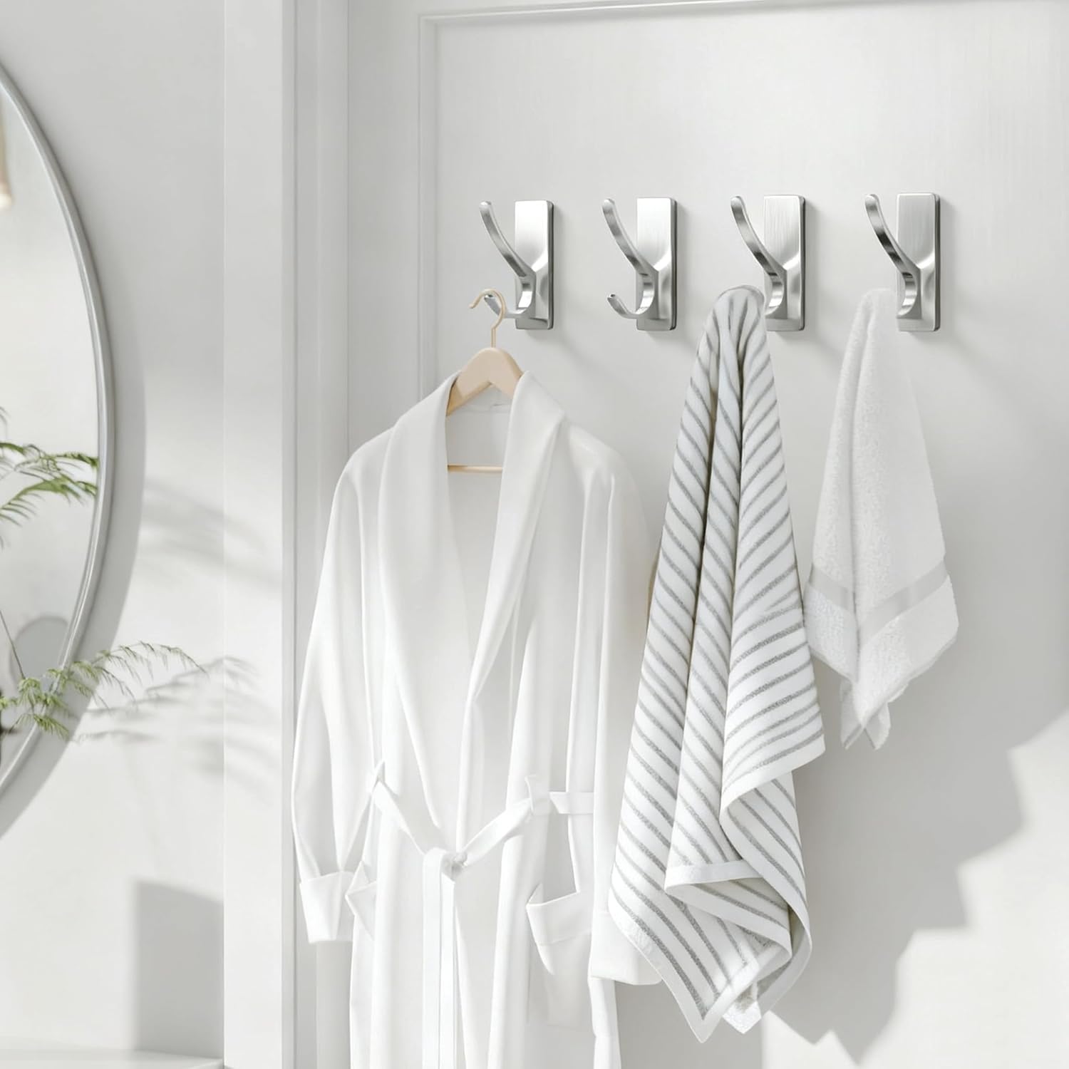 pickpiff Self Adhesive Coat Hooks for Hanging: Heavy Duty Stainless Wall Hook for Towel, Backpack, Hat, Sturdy Metal Hanger for Bathroom, Bedroom, Door, Brushed Nickel 4 Pack