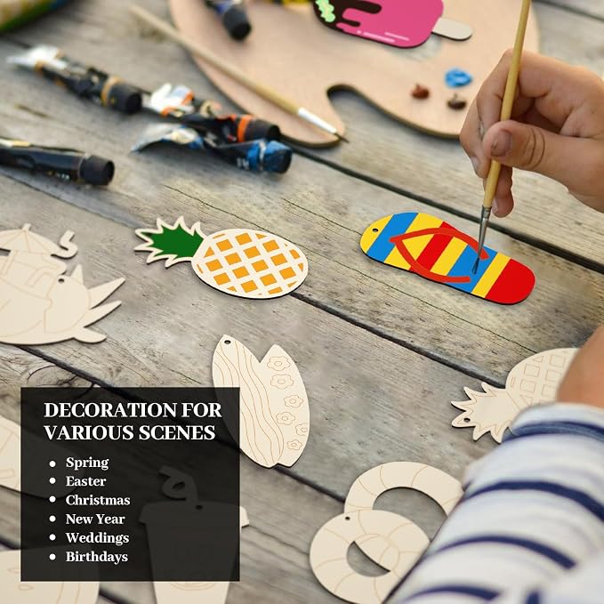 Subacy 80 PCS Unfinished Wood Cutouts 10 Styles DIY Wooden Summer Ornaments - Image 7
