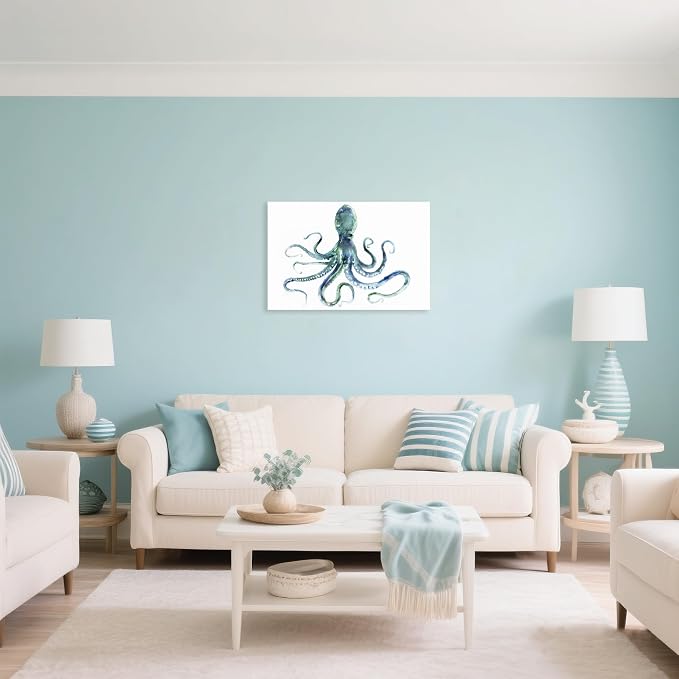 JAPO ART Blue Octopus Bathroom Decor Canvas Wall Art by Edward Selkirk Coastal - Image 3