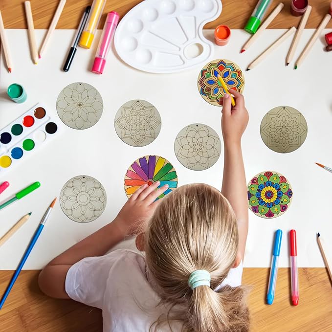 40Pcs DIY Unfinished Mandala Painting Wood Craft Wooden Chips Coloring - Image 7