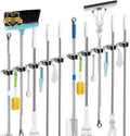 2 Pack Mop and Broom Holder Wall Mount, 5 Racks and 4 Hooks Broom Organizer Storage Tool Racks Stainless Steel Heavy Duty Hooks Self Adhesive Solid Non-slip for Home Kitchen Garden Laundry Garage
