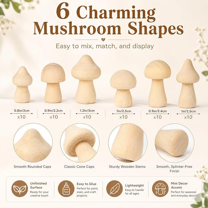 60Pcs Wooden Mushrooms, 6 Sizes of Natural Unfinished Wooden Mushroom, Wood - Image 3
