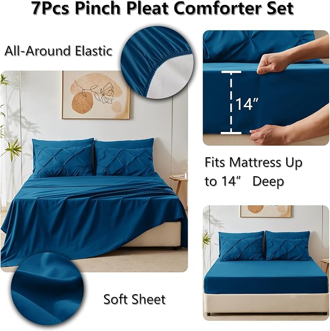 CozyLux King Size Comforter Set Teal, 7 Pieces Pintuck Bed in A Bag Teal - Image 6