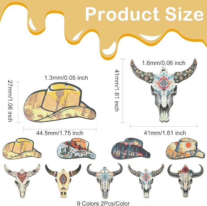 18 pcs 9 Styles Western Cattle Theme Wood Cutout Charms Cow Cap Hat Animal Wood - Image 2
