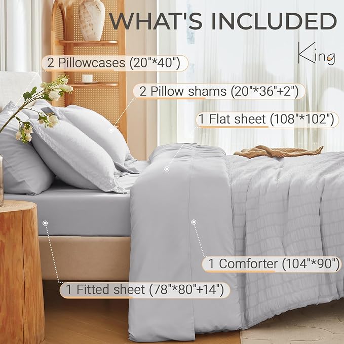 MUXHOMO 7 Pieces King Comforter Set, Seersucker Bed in a Bag King Size - Image 4