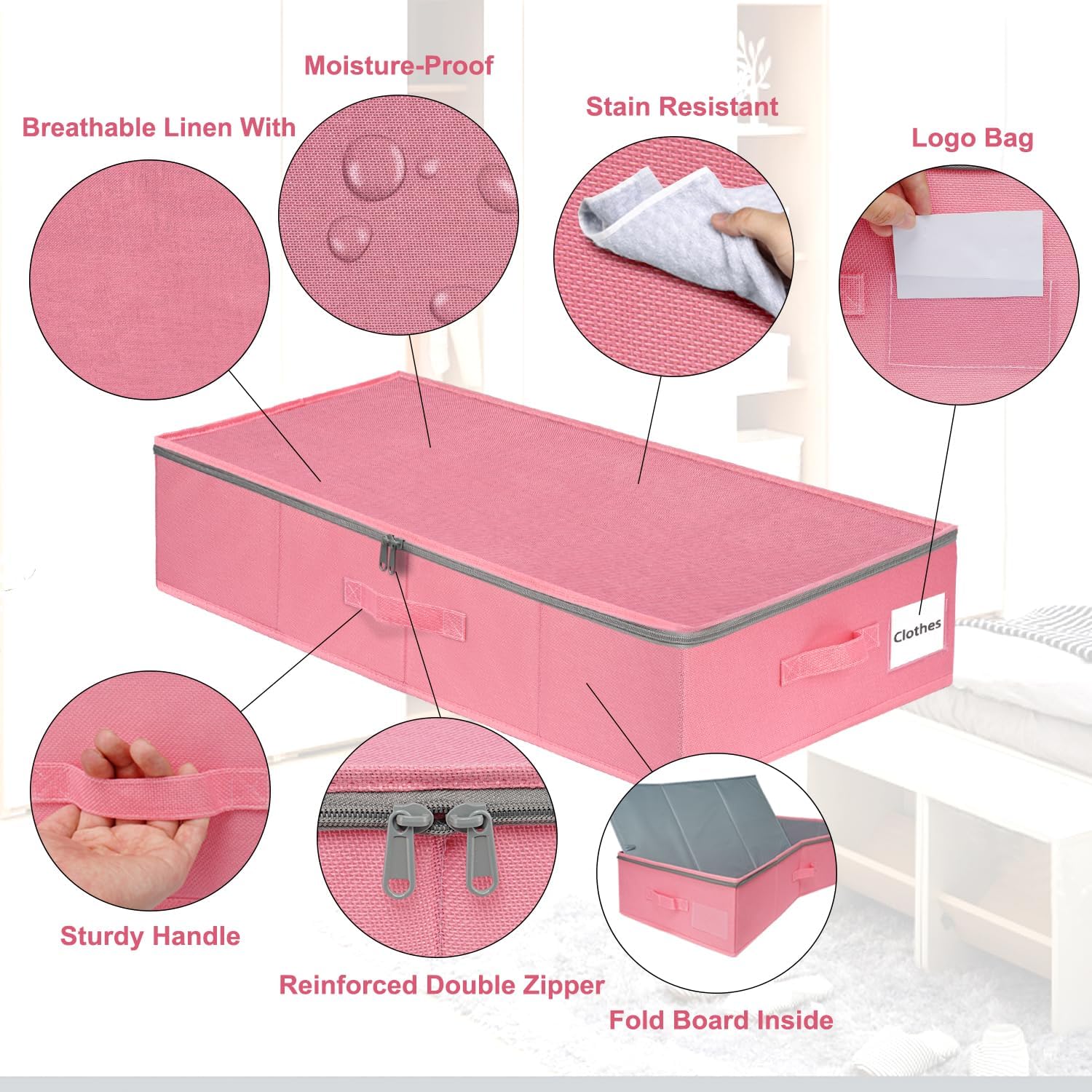 punemi Under Bed Storage Containers, Pink Underbed Storage With Rigid Side/Bottom Support, Closet Organizers And Storage Bins, Blankets Clothes Comforters Storage Bag, Dorm Room Essentials For Girls