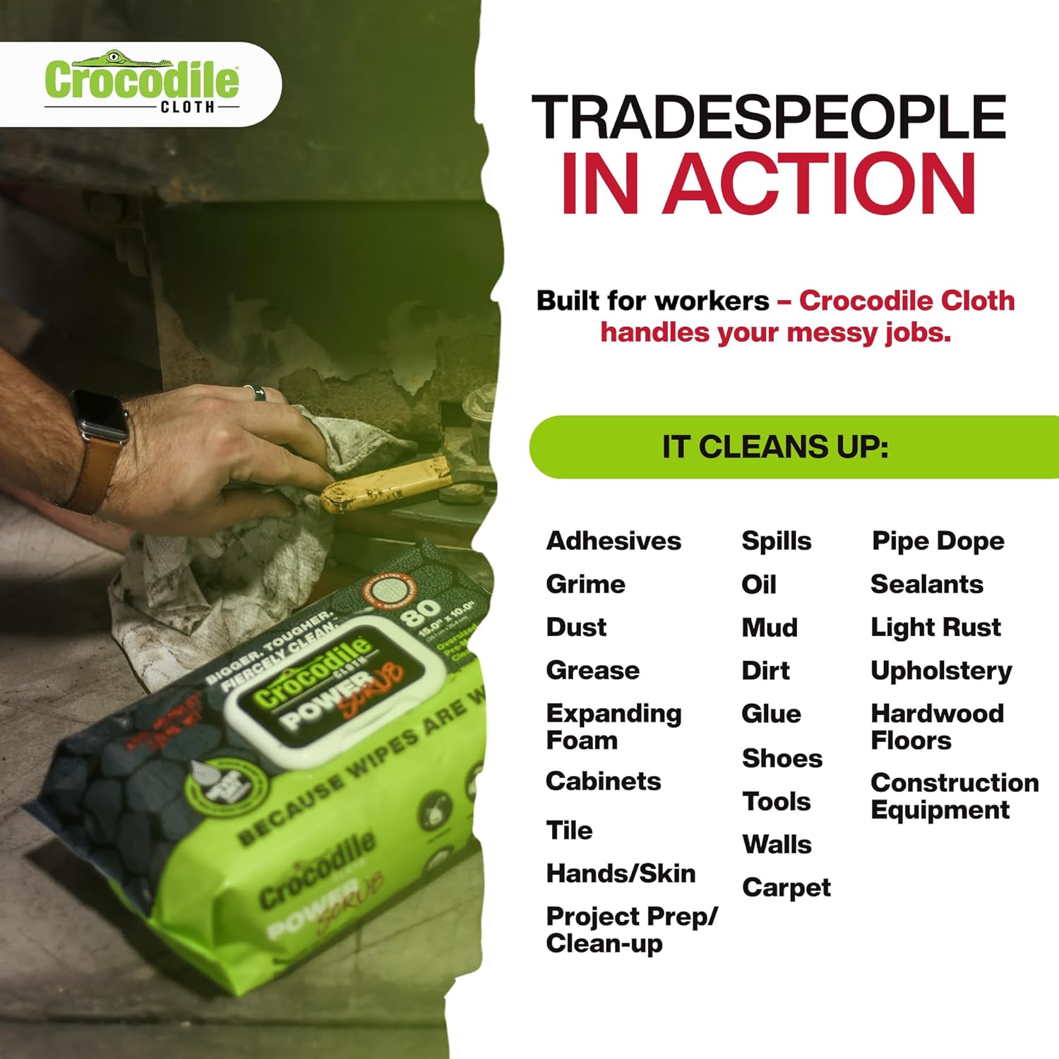 Crocodile Cloth PowerSCRUB Cleaning Wipes – 80 (15" x 10") Dual-Surface Cloths, Heavy-Duty, Moist, Absorbent, & Disposable - Safe on Skin & Multiple Surfaces