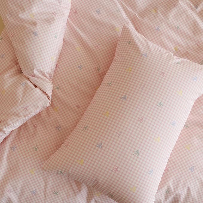 mixinni Gingham Duvet Cover King Size, 100% Cotton Light Pink and White Gingham - Image 6