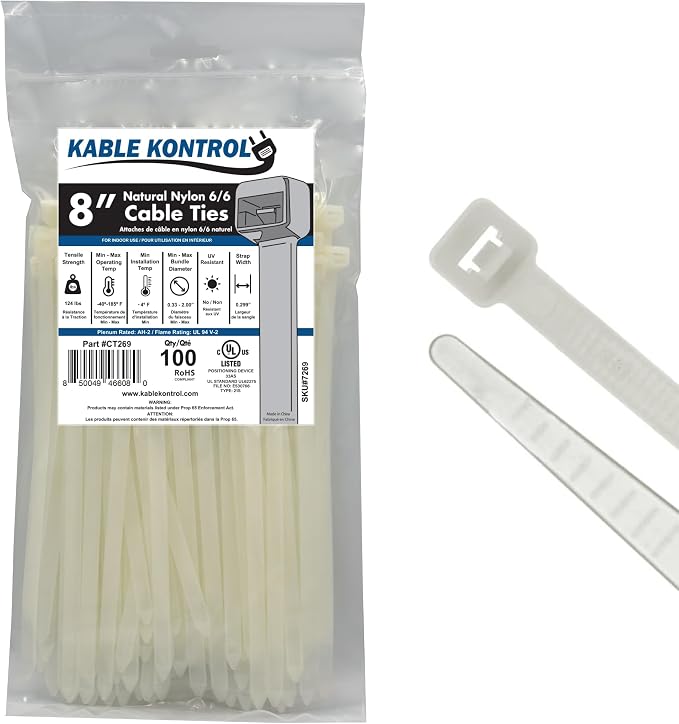Kable Kontrol Heavy Duty Cable Zip Ties 100 Pcs 8 Inch, Natural White, 120 Lbs by KABLEKONTROL%C2%AE