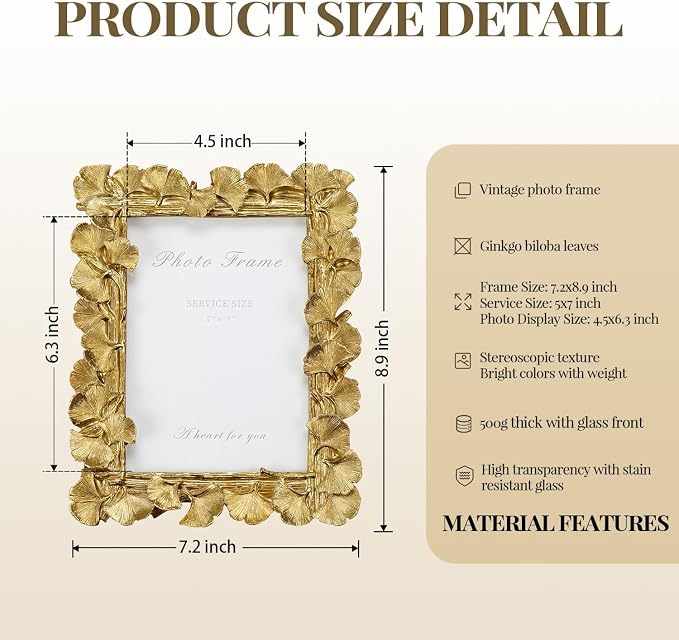 Cuspin 5x7 Picture Frame Gold Picture Frames, Ornate Vintage Ginkgo Leaf - Image 5