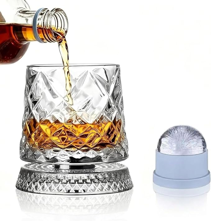 Rotating Whiskey Glass with Large Ice Ball Mold, Single Spinning Crystal by UNOD