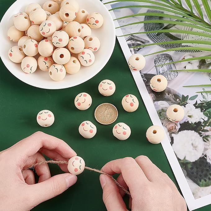 OLYCRAFT 50pcs 20mm Smile Face Wood Beads Round Wooden Beads Painted Head Bead - Image 3