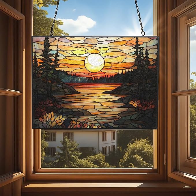 Rectangle Vintage Sunset in The Forest Stained Glass Window Hanging, Suncatcher - Image 4