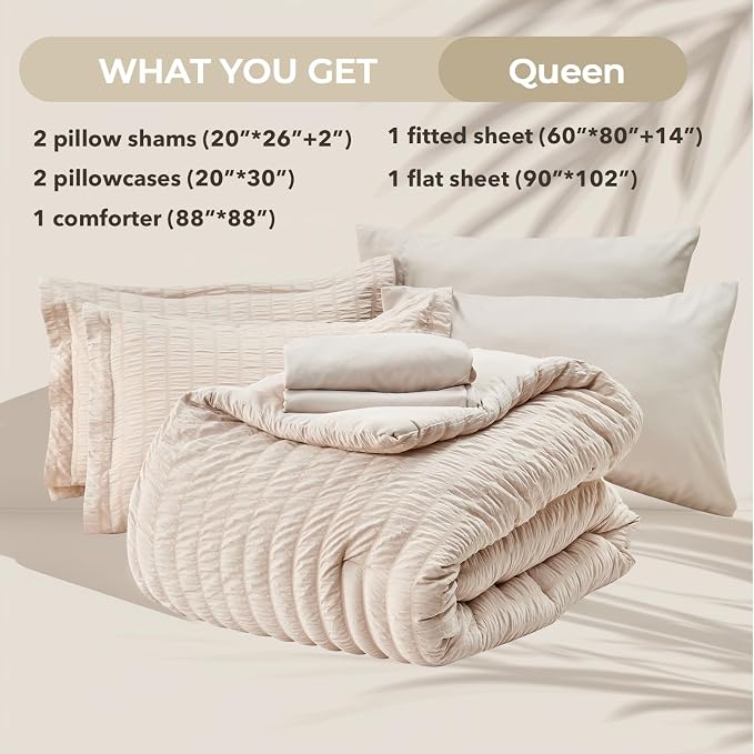 HYMOKEGE Beige Queen Comforter Set Seersucker 7 Pieces, All Season Luxury Bed - Image 6