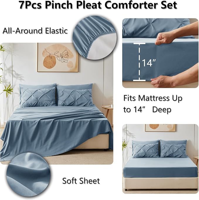 CozyLux Full Size Comforter Sets Mineral Blue, 7 Pieces Pintuck Bed in A Bag - Image 6