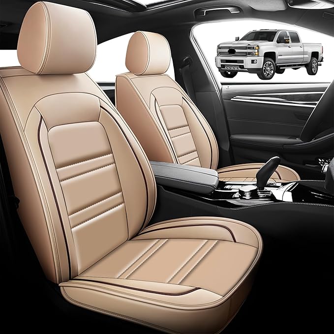 Seat Cover for Chevy Silverado 2007-2025 | Car Seat Covers Front Seats, Waterproof Seat Protectors, Automotive Front Seat Covers (Front Seat, Beige)