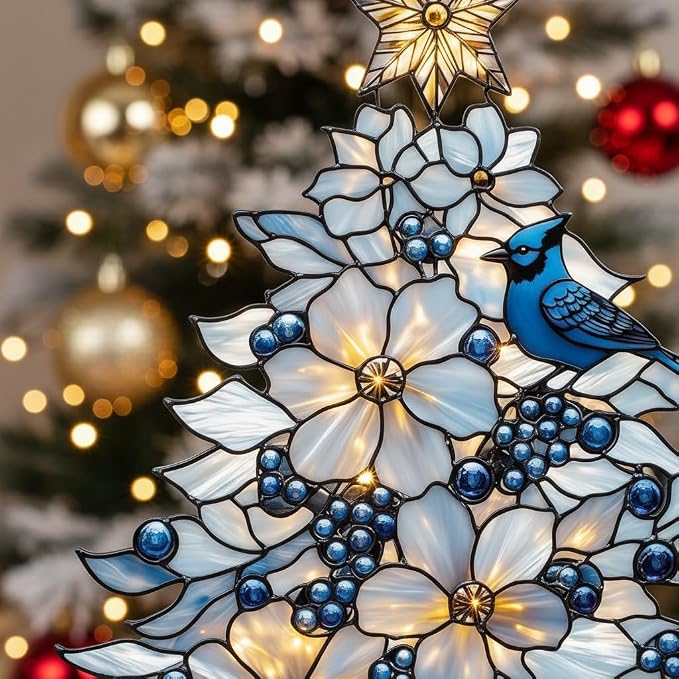 Blue Jay Christmas Tree Acrylic Suncatcher, Faux Stained Glass Indoor Window - Image 4