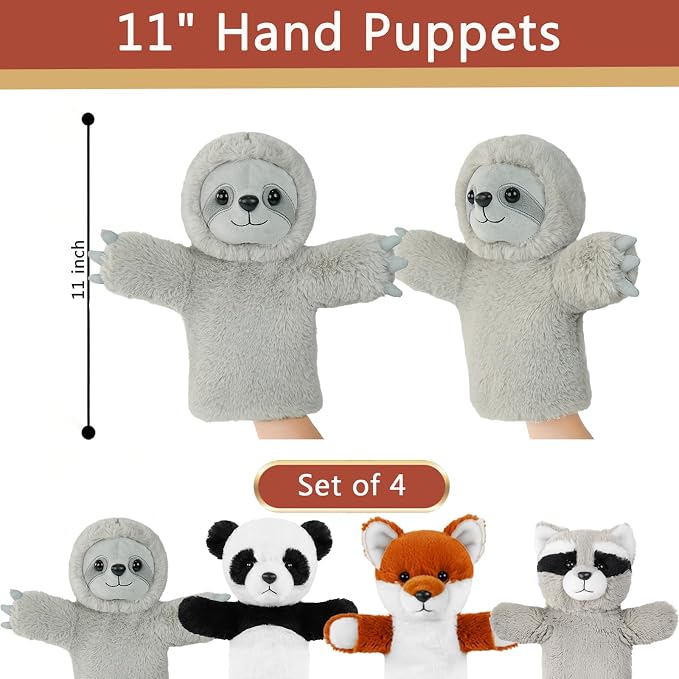 4 PCS 11Inches Animal Hand Puppet Set Forest Cute Realistic Plush Puppets Toys - Image 2