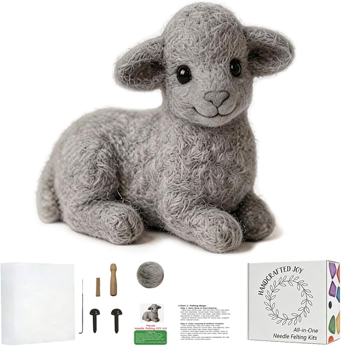 DIY Needle Felting Kit Cute Gray Lamb Lying – Needle Felting Starter Kit by FaceNFace