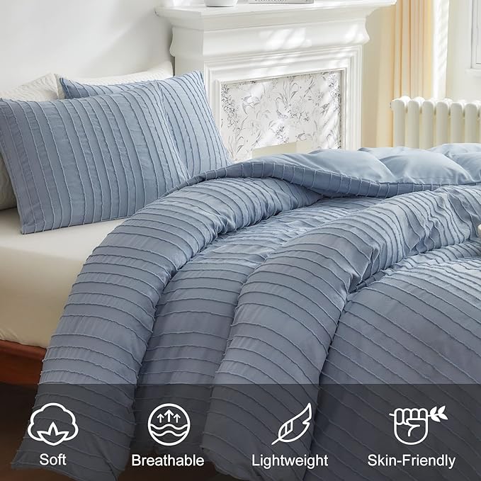 WARMDERN Blue Boho Duvet Cover Set Full Size, Striped Textured Duvet Cover - Image 3