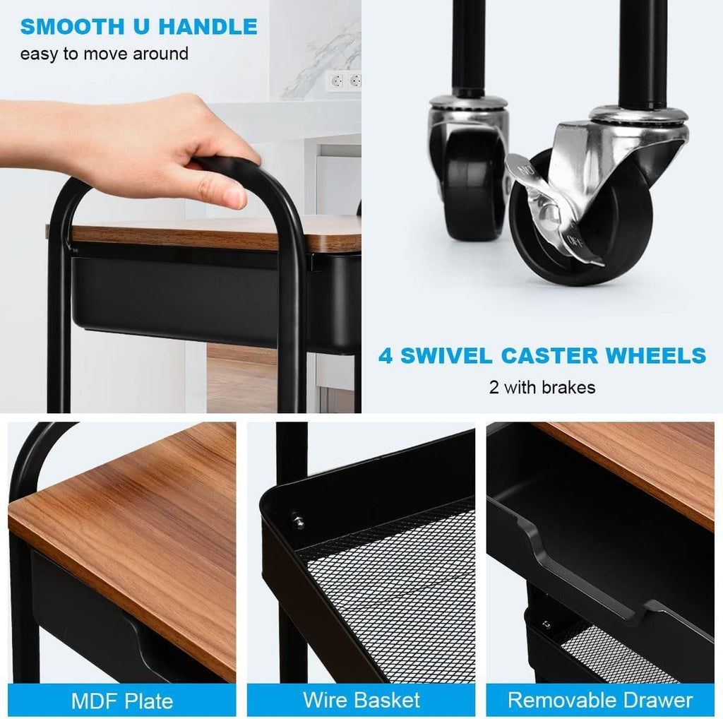3 Tier Rolling Cart with Drawer, Metal Utility Cart on Wheels Storage Cart with Wood Top, Kitchen Cart Art Cart Organizer for Bathroom Office Balcony Living Room