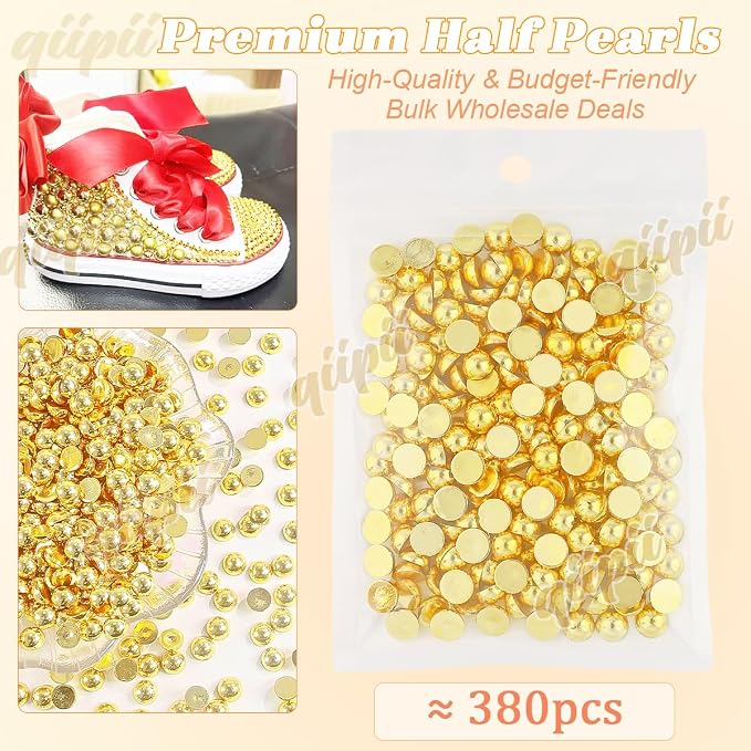 qiipii 380PCS 8mm Shiny Gold Round Half Round Pearls - Image 2