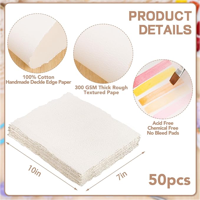 50 Sheets Watercolor Paper 7 x 10, 300 GSM Deckled Edge Paper Rough/Textured - Image 2