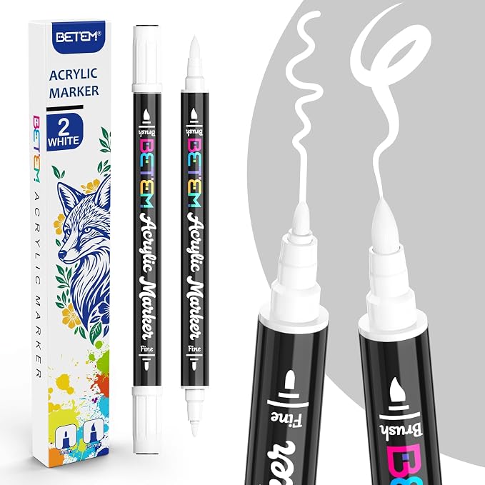 Betem Dual Tip Acrylic Paint Pens, 2 White Paint Markers by BetemArtWorld