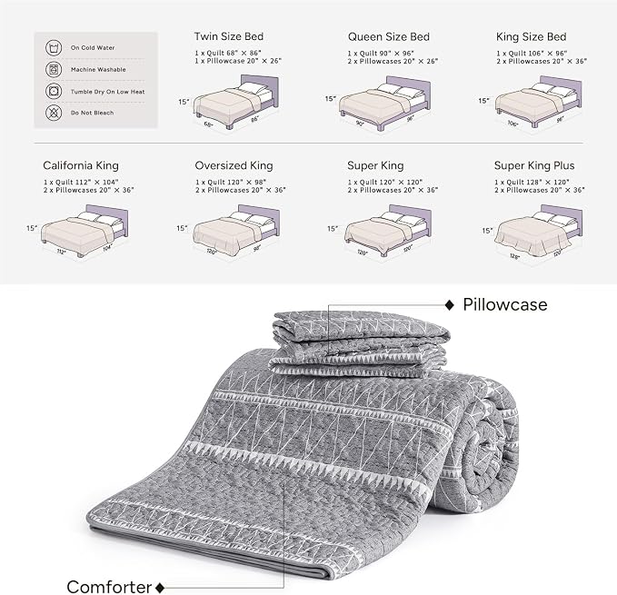 Andency California King Quilt Set Grey, 3 Pieces Boho Lightweight Soft Striped - Image 6
